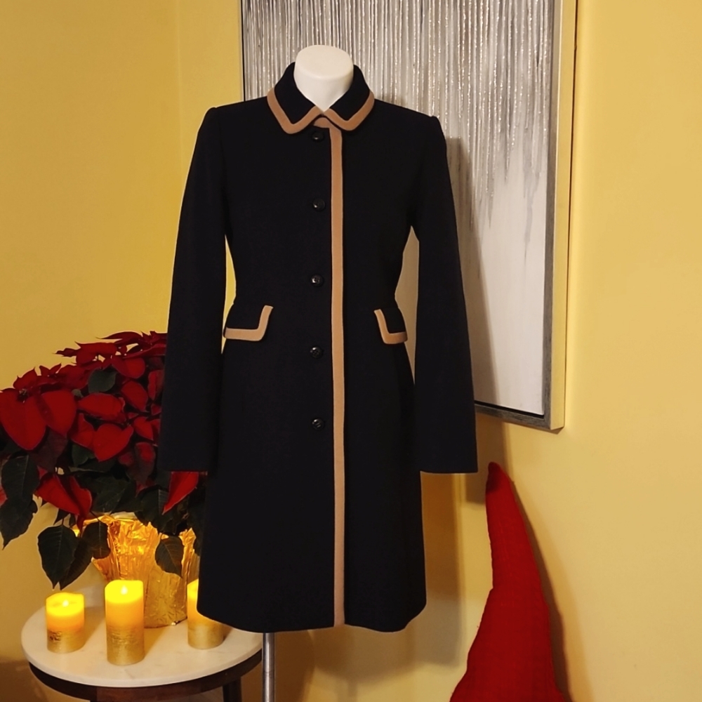 Hobbs London Navy Blue and Camel Tan Wool Blend Coat US 6